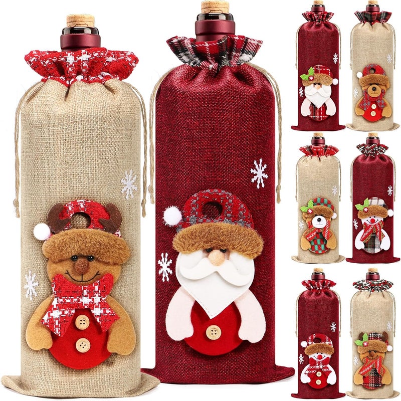 Aoonby 8Pcs Burlap Wine Bags, Drawstring Bottle Gift Bags with Santa, Snowman, Elk, Bear 3D Dolls, Reusable Christmas Wine Bottle Covers for Xmas Holiday Party Decoration - Image 1